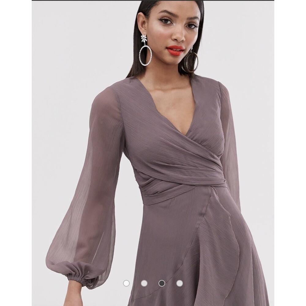 ASOS DESIGN Wrapwaist Midi Dress Sz 6 Double Layer Skirt Long Sleeve Lavender - Picture 3 of 14